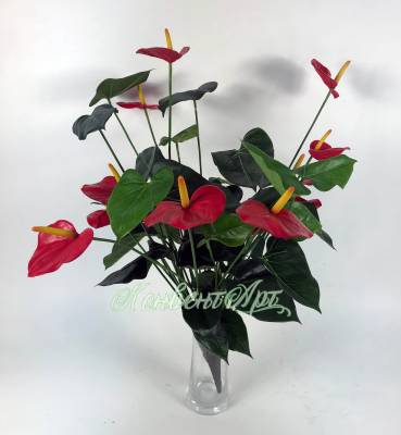 Антуриум искусственный цветок 13Dx80H красный (куст 13 цветков без кашпо)