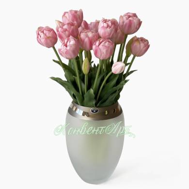 Букет «Розовые тюльпаны» искусственный в стеклянной матовой вазе Богемия