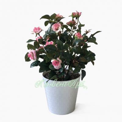 Роза кустовая св. Розовая искусственная в белом кашпо