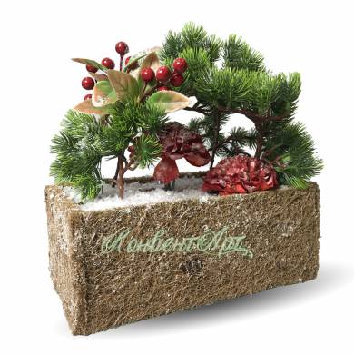 Новогодняя композиция из искусственных растений «Зима в парке» в кокосовом боксе 30х15х12 см